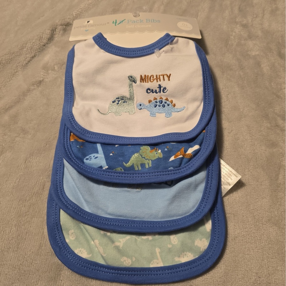 Petite L'amour Dinosaur Baby Drool Bibs 4 Pack Blue Hook Loop Mighty Cute